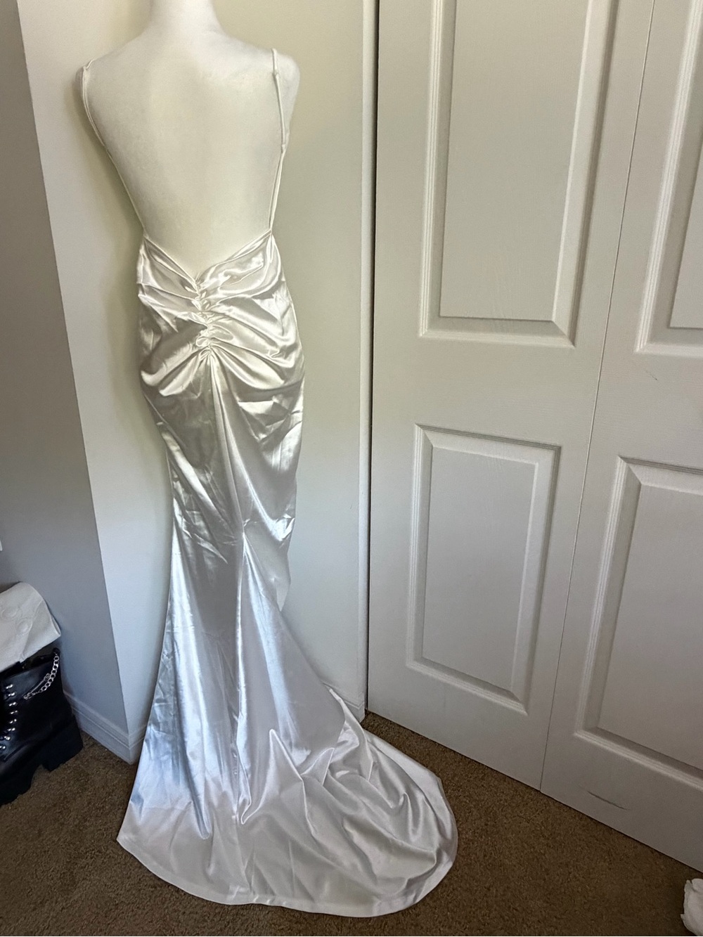 Back-Ruched White Satin Wedding Gown